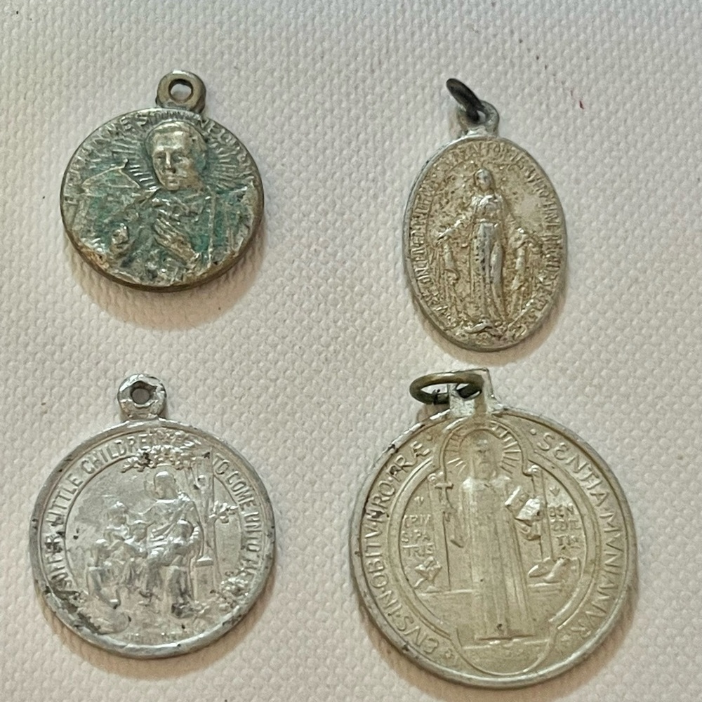 VTG Lot Of 4 Religious Cross Medallion Pendants Virgin Mary St Benedict John #13